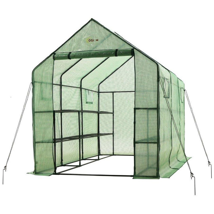 Machrus Ogrow Deluxe Walk-In Greenhouse with 2 Tiers and 12 Shelves - Green Cover