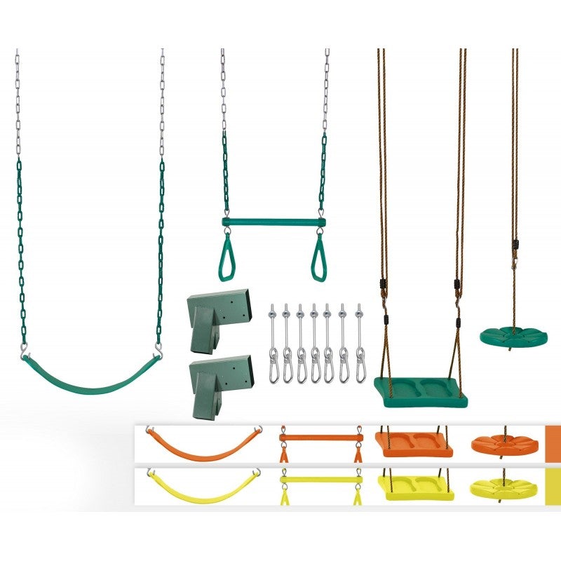 Machrus Swingan DIY Swing Set Kit - With Belt Swing, Trapeze Bar, Disc Swing And Standing Swing - A-Frame Brackets And All Assembly Hardware Included - Wood Beams Not Included